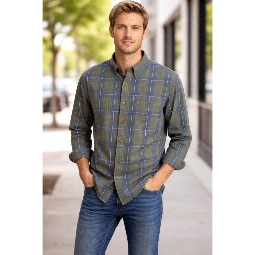 C.E. Schmidt Button Down Shirt Mens 2XT Green Blue Flannel Plaid Casual Top Long